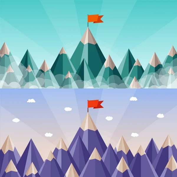 Éxito Vectorial Liderazgo Banderas Horizontales Con Paisaje Montaña — Vector de stock