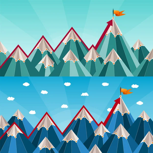 Éxito Vectorial Liderazgo Banderas Horizontales Con Paisaje Montaña — Vector de stock