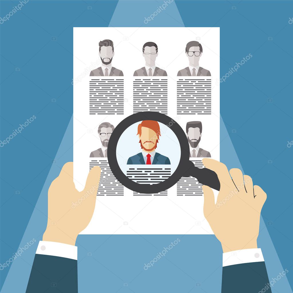 Vector concept of searching for professional stuff, head hunter job, employment issue, human resources management or analysing personnel resume.