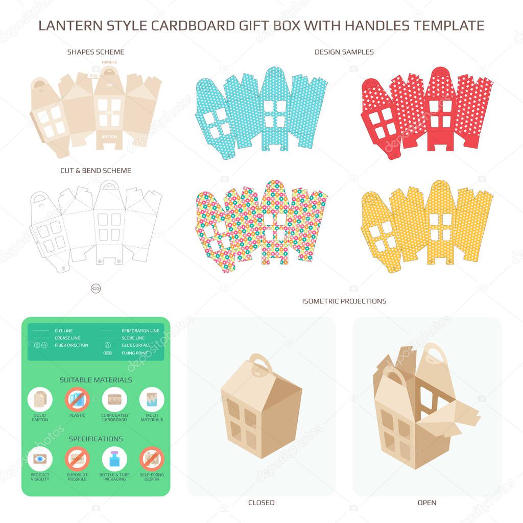 Vector lantern style cardboard gift box with handles templates set