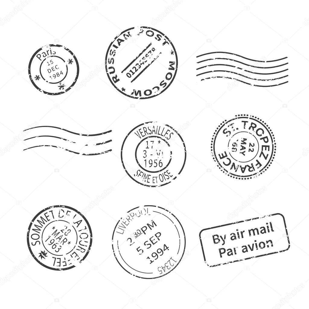 Vector set of vintage style post stamps from countries and cities around the world