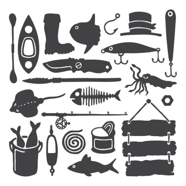Vektör balıkçı tek renkli handdrawn nesneleri ve öğeleri ayarla