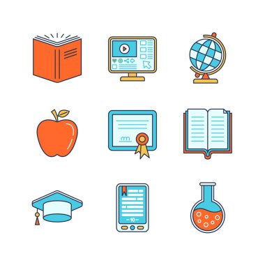 Vektör en az lineart düz eğitim Iconset. Kitap, pc Monitörü, Küre, elma, sertifika, ders kitabı, mezuniyet şapka, tablet pc, kimyasal şişesi.