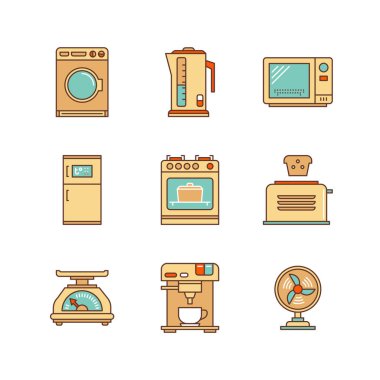 Vektör en az lineart düz ev aletleri Iconset. Yıkama makinesi, su ısıtıcısı, çaydanlık, mikrodalga fırın, buzdolabı, mutfak fırın, ekmek kızartma makinesi, Terazi, Kantar, kahve makinesi, soğutucu.