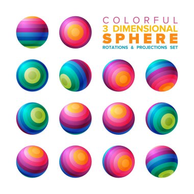 3D canlı renk çizgili küre rotasyonlar ve projeksiyonlar kümesi vektör
