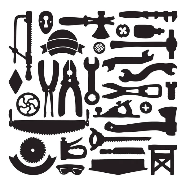 Conjunto de ferramentas e símbolos de carpinteiro vetorial esboçado — Vetor de Stock