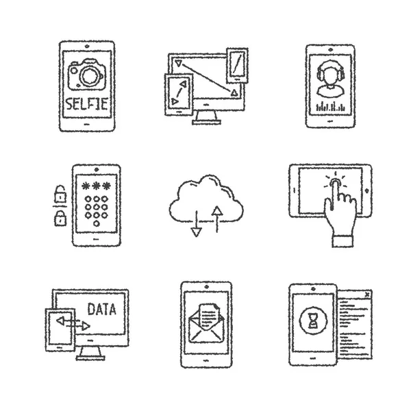 Verzameling van vector mobiele tech pictogrammen en concepten in de sketch stijl — Stockvector