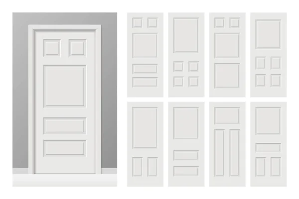 Vector branco pintado portas de madeira interior definido em estilo plano. Proporções realistas, escala 1: 100 . —  Vetores de Stock