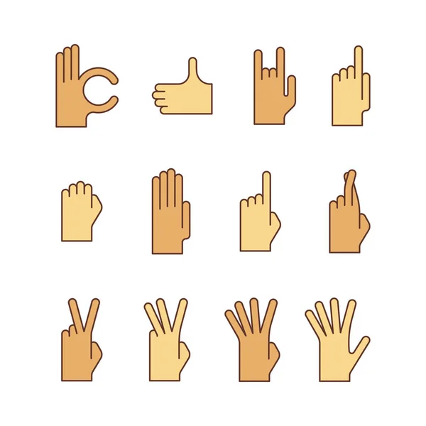 Lineart vettoriale minimale gesti mano piatta iconset. Ok, pollice in su, roccia metallica pesante, punta, palmo aperto, croce, dita . — Vettoriale Stock
