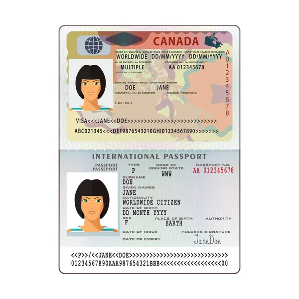 Pasaporte abierto internacional vectorial con visa Canadá — Vector de stock