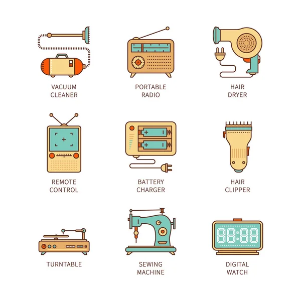 Vector minimale lineart plat huishoudelijke iconset. Stofzuiger, draagbare radio, föhn, afstandsbediening, batterijoplader, haartrimmer, naaimachine, digitale horloges. — Stockvector