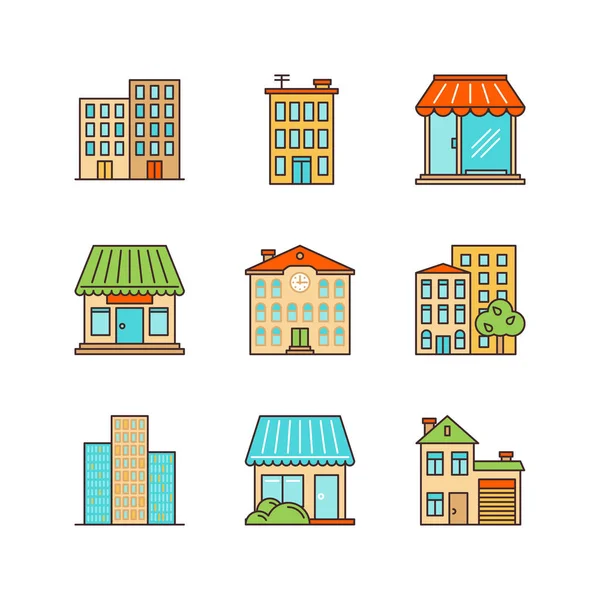 Vector mínimo lineart edifício iconset. Skyscrapper, loja, loja, escola, moradia . —  Vetores de Stock