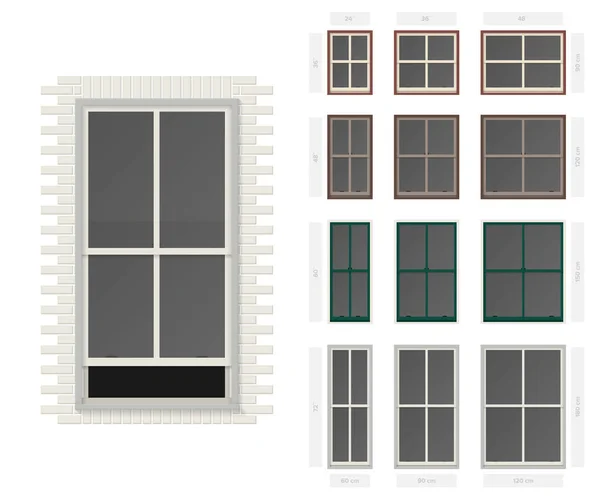 Středová jedna zavěšený středový panel typické nastavení okna v různých velikostech a barvách — Stockový vektor