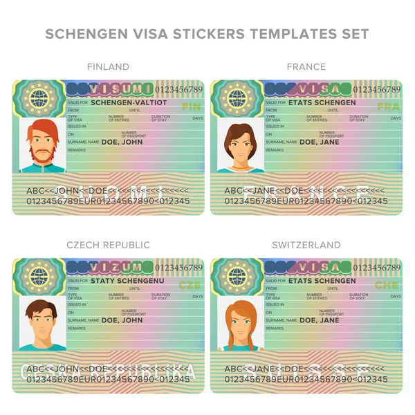 Plantillas adhesivas de pasaporte Schengen para Finlandia, Francia, República Checa, Suiza . — Vector de stock
