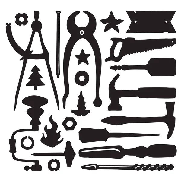 Ensemble d'outils et de symboles de charpentier vectoriel esquissé — Image vectorielle