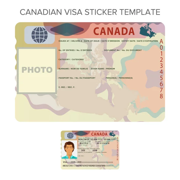 Plantilla de etiqueta adhesiva de visa de pasaporte internacional Vector Canada en estilo plano — Vector de stock