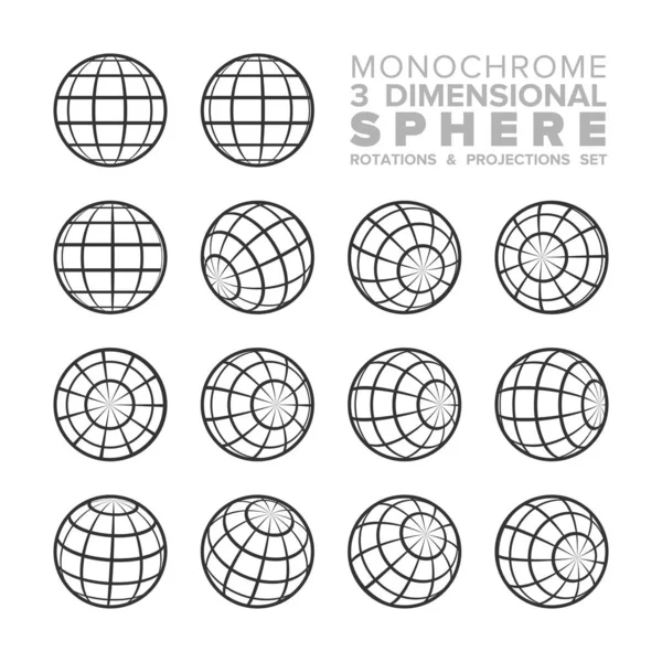 Vector 3d (three dimensional) monochrome sphere rotations and projections set — Stock Vector