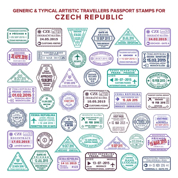 Custom vector typical artistic passport arrival and departure stamps variations set for Czech Republic — Stock Vector