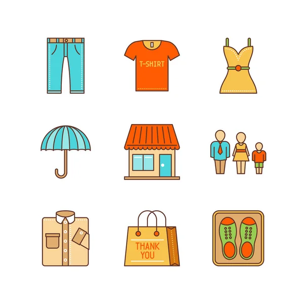 Vector mínimo lineart ropa iconset de compras. Jeans, pantalones, vestido, paraguas, tienda, familia, camisa, bolsa de compras, zapatos . — Archivo Imágenes Vectoriales