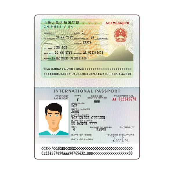 Vector passaporte aberto internacional com visto China — Vetor de Stock