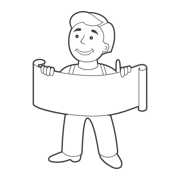 Hombre trabajador con pancarta en estilo de dibujos animados. Esquema . — Vector de stock