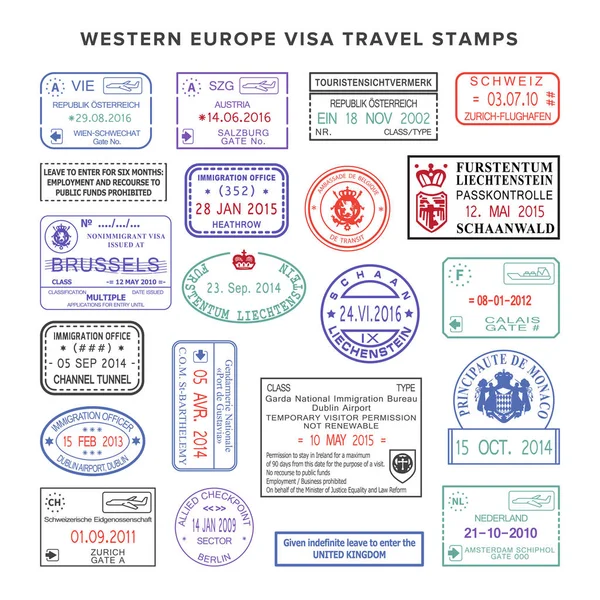 Vektor Nyugat-Európa színes utazási vízummal bélyegek készlet — Stock Vector