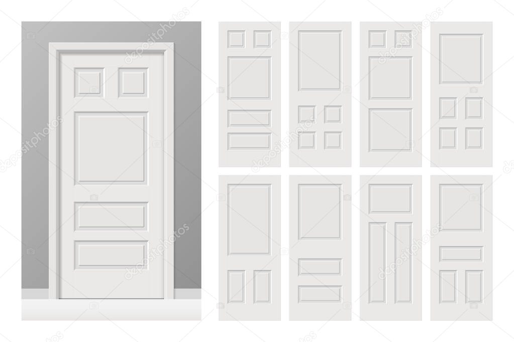 Vector white painted interior wooden doors set in flat style. Realistic proportions, 1:100 scale.
