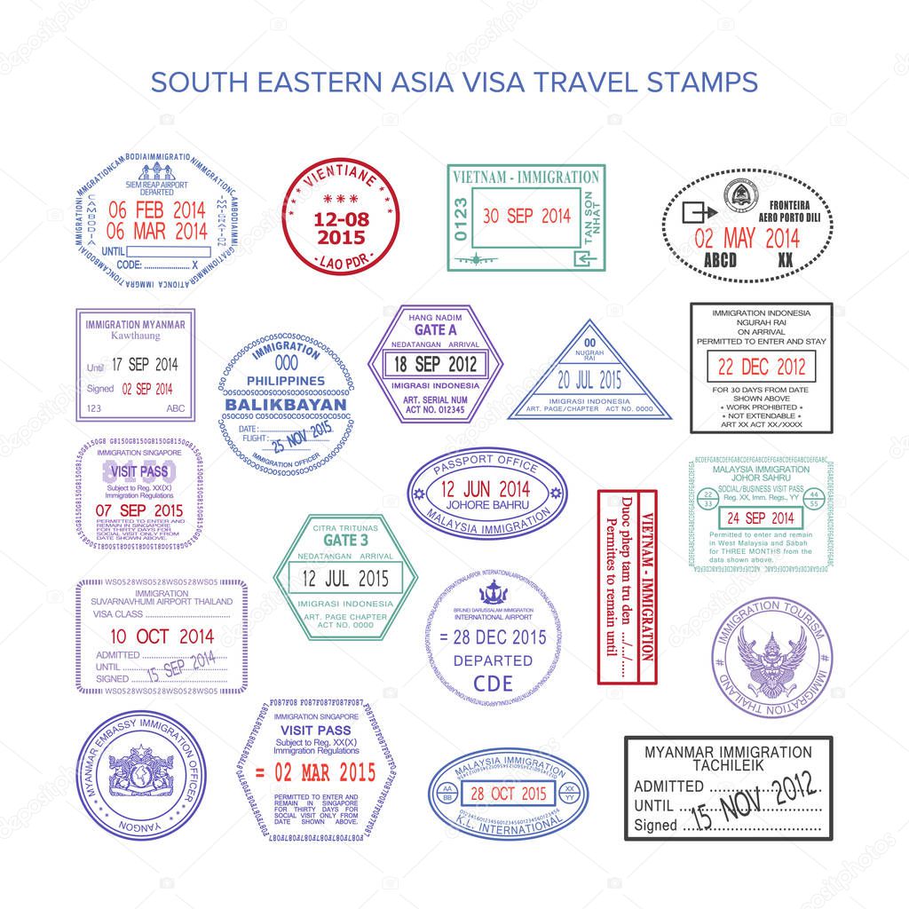 Vector south eastern asia color travel visa stamps set