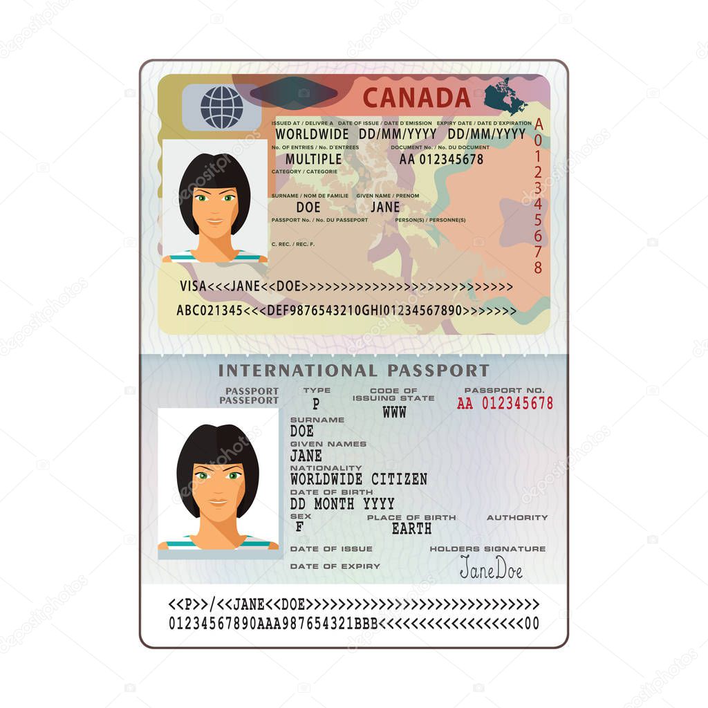 Vector international open passport with Canada visa
