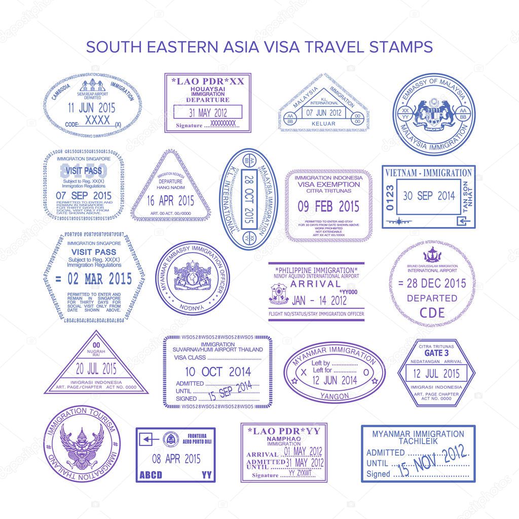 Vector south eastern asia travel visa stamps set