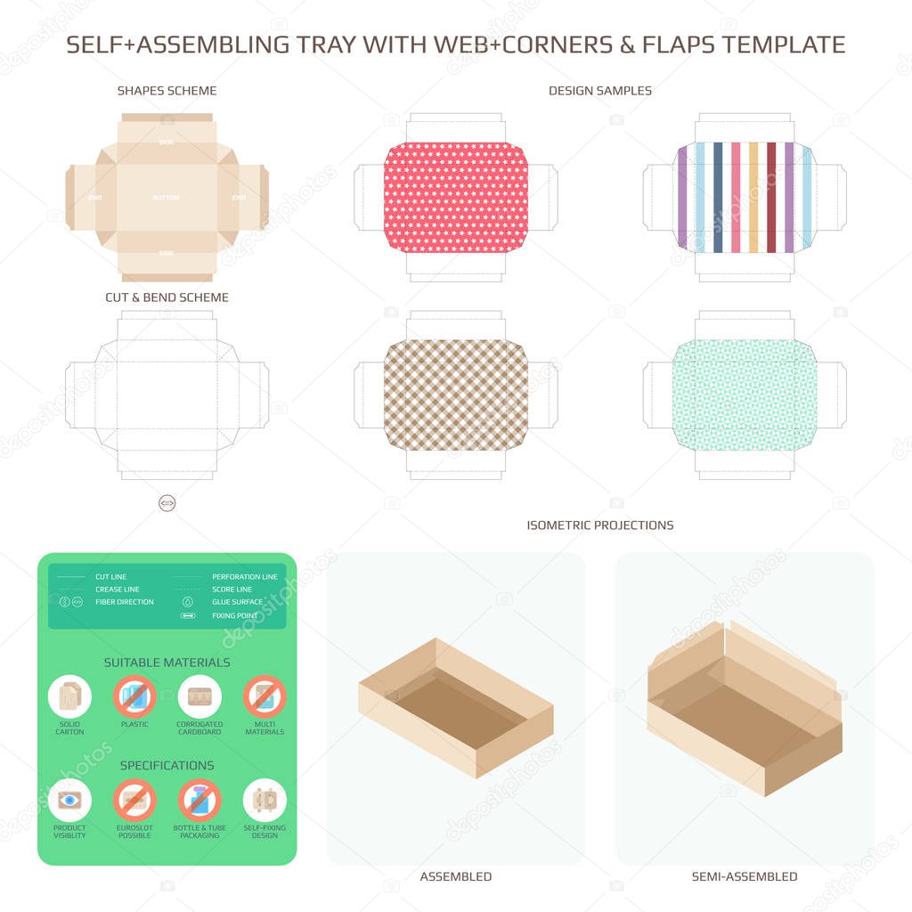 Vector self assembling cardboard tray with web corners and flaps templates set