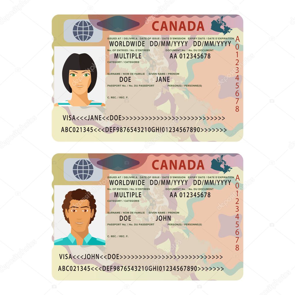 Vector Canada international passport visa sticker template in flat style