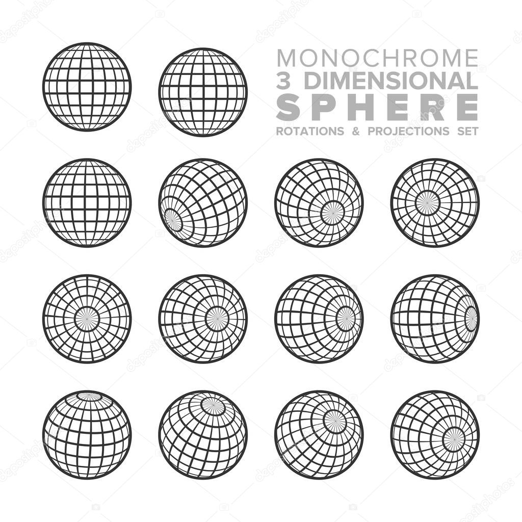 Vector 3d (three dimensional) monochrome sphere rotations and projections set