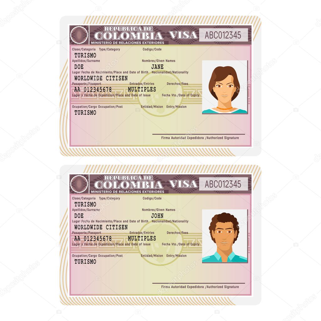 Vector Colombia passport visa sticker template in flat style