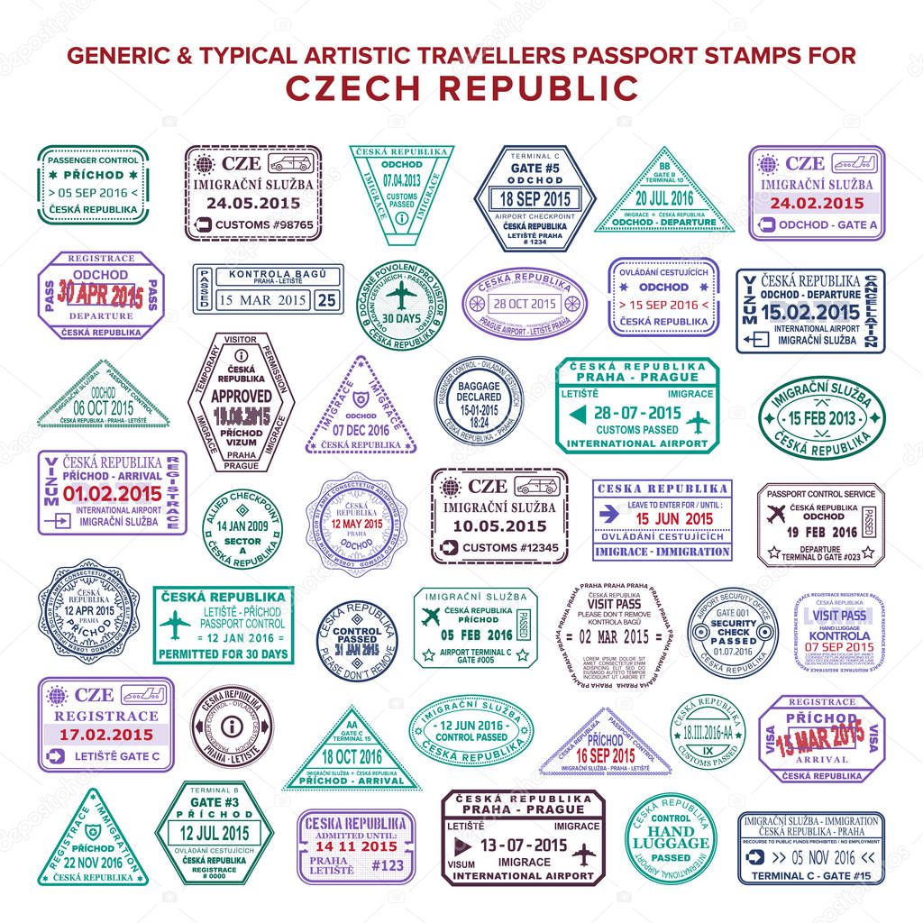 Custom vector typical artistic passport arrival and departure stamps variations set for Czech Republic