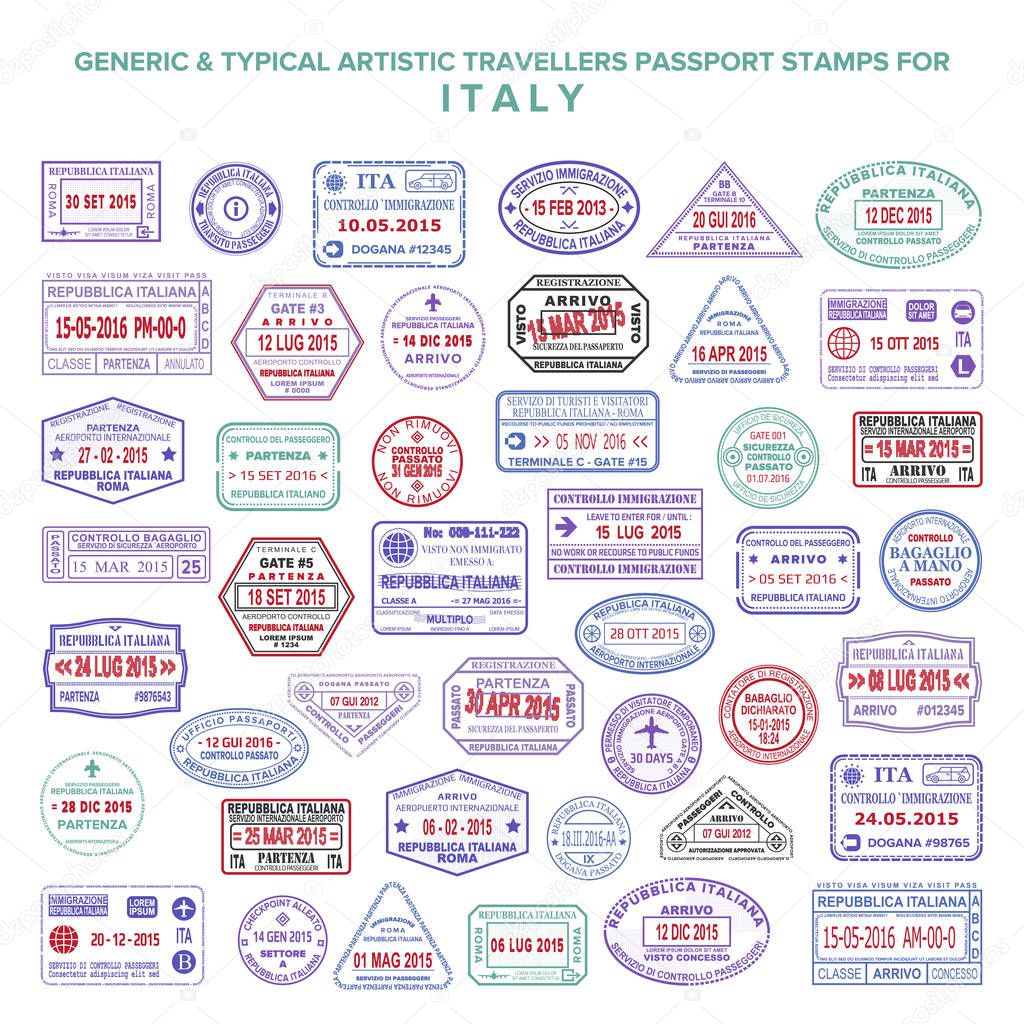 Custom vector typical artistic passport arrival and departure stamps variations set for Italy