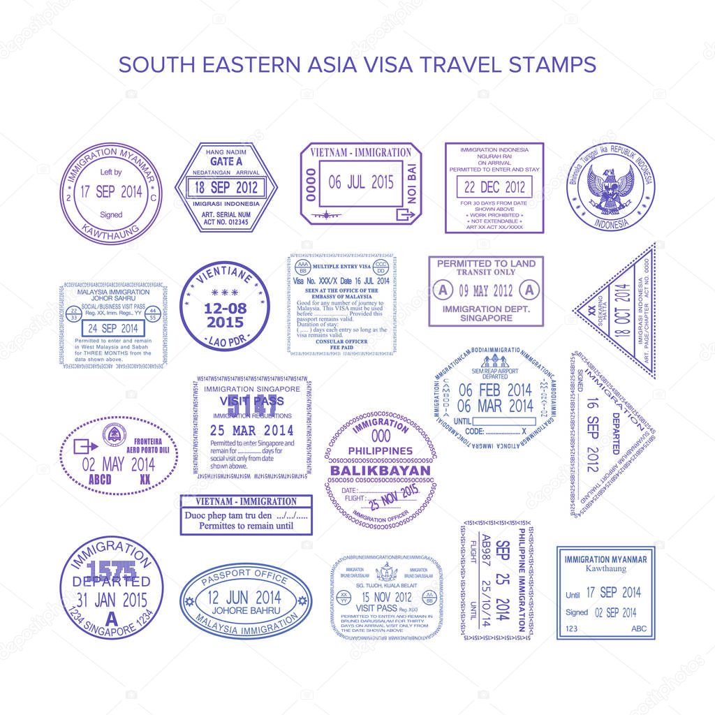Vector south eastern asia common travel visa stamps set