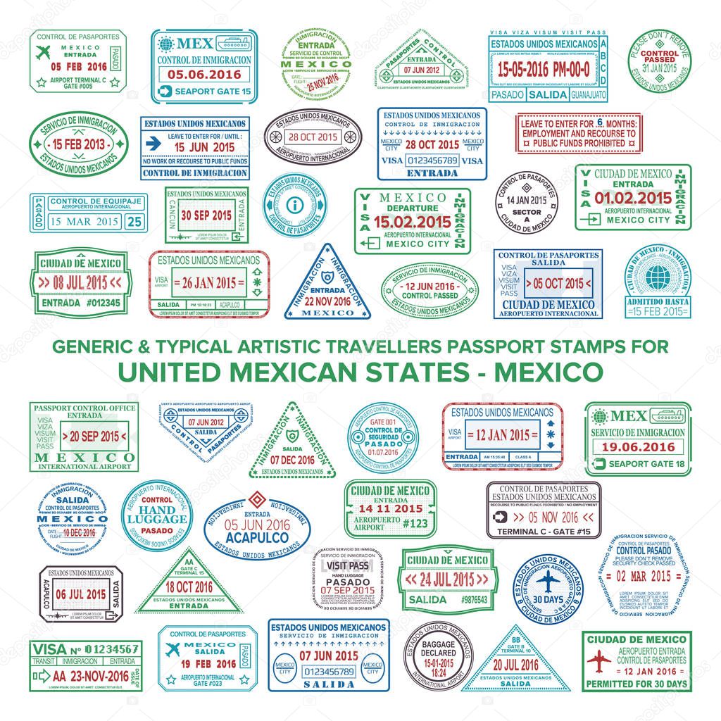 Custom vector typical artistic passport arrival and departure stamps variations set for Mexico