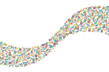 Alfabe sembollerinden, harflerinden veya düz tarzdaki karakterlerden yapılmış vektör renkli dalgalı şerit