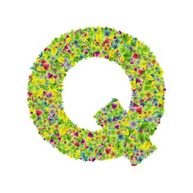 Vektör renkli botanik bahçe taze yaprakları yazı tipi, mektup Q