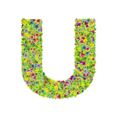 Vektör renkli botanik bahçe taze yaprakları yazı tipi, mektup U