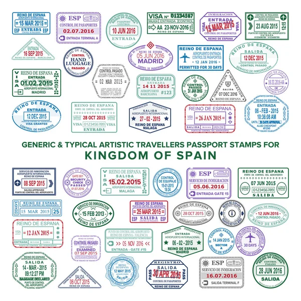 Vektör sanatsal pasaport varış ve gidiş pulları İspanya için ayarlayın. Çeviriler: pasaport kontrolü, yolcu kontrolü, uluslararası havaalanı, varış, kalkış, kontrol geçti, göçmenlik servisi, — Stok Vektör