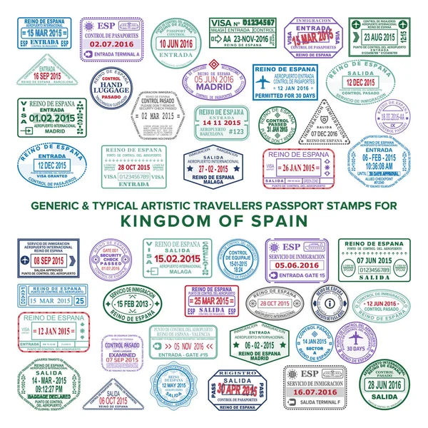 Vector artistic passport arrival and departure stamps set for Spain. Translations: passport control, passenger control, international airport, arrival, departure, control passed, immigration service, — Stock Vector