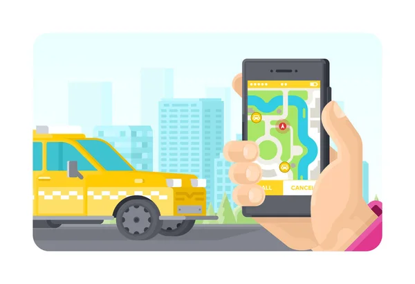 Taxi en línea que ordena el concepto de aplicación de teléfono en estilo plano — Vector de stock