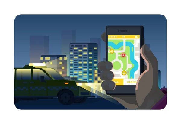 Taxi nocturno en línea que ordena el concepto de aplicación del teléfono en estilo plano — Vector de stock