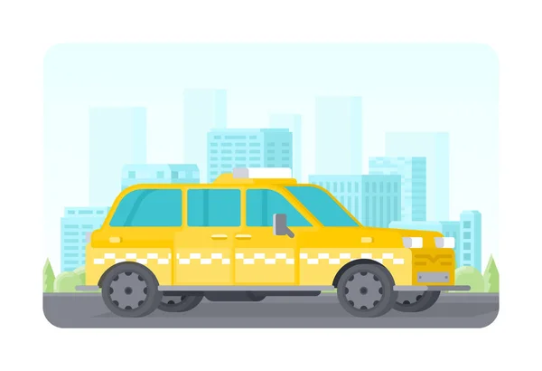 Векторний жовтий автомобіль таксі припаркований в міському стилі квартири — стоковий вектор