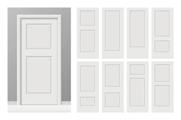 Vector white painted interior wooden doors set in flat style. Realistic proportions, 1:100 scale. — Stock Vector