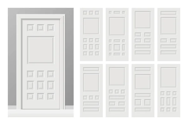 Vector white painted interior wooden doors set in flat style. Realistic proportions, 1:100 scale. — Stock Vector