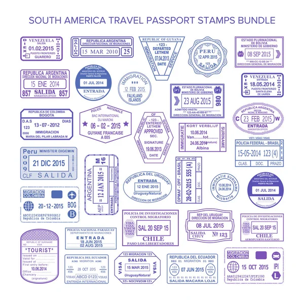 Vector América do Sul conjunto de selos de visto de viagem a cores — Vetor de Stock