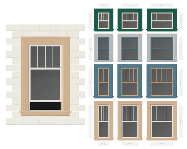 Vecteur simple accroché quatre section verticale fenêtre typique ensemble dans différentes tailles et couleurs — Image vectorielle